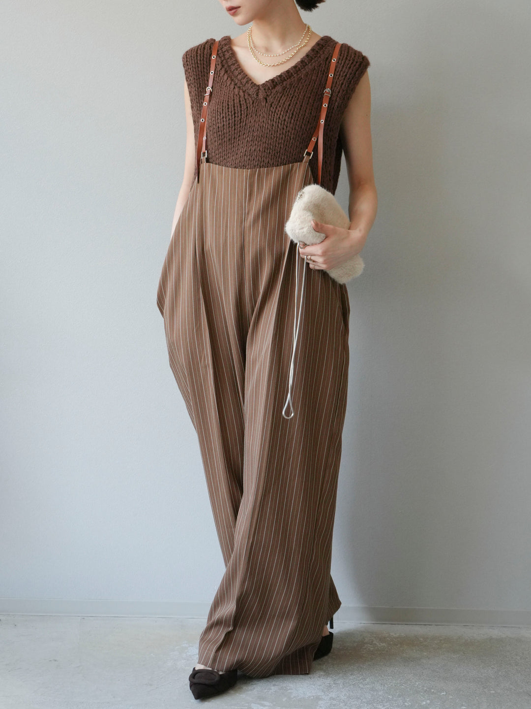 [予約]ヘリンボーンストライプサロペット/ブラウン