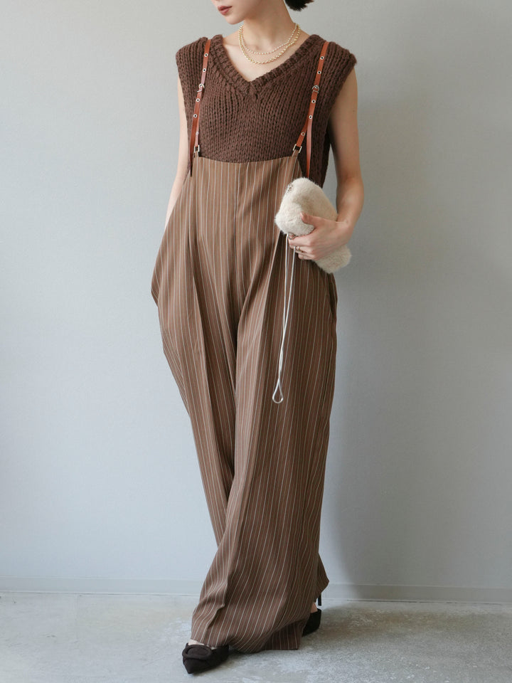 [予約]ヘリンボーンストライプサロペット/ブラウン