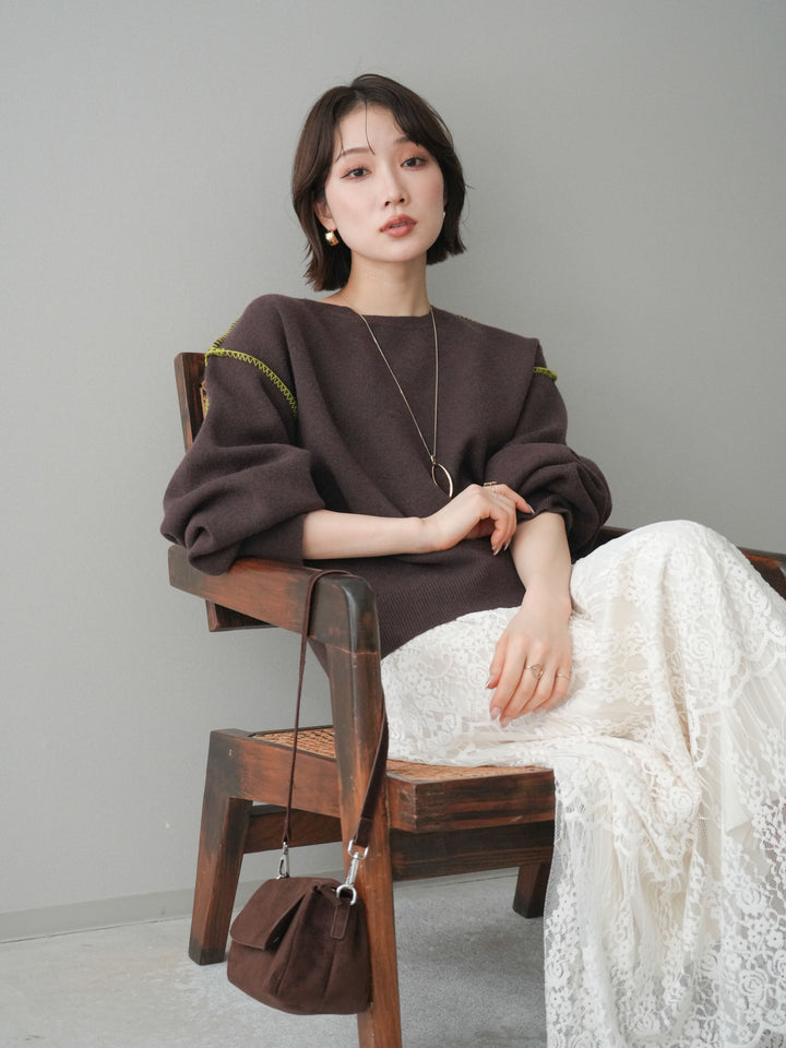 [SET]バックロゴ刺繍配色ステッチニットプルオーバー+選べるアクセセット(2set)