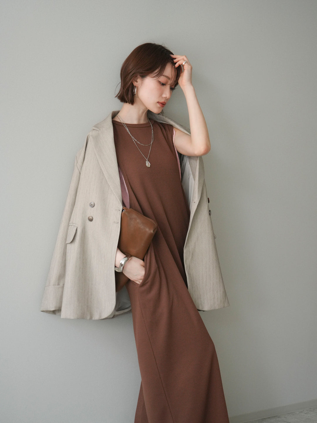 [予約]バイカラーレイヤードノースリーブワンピース/brown