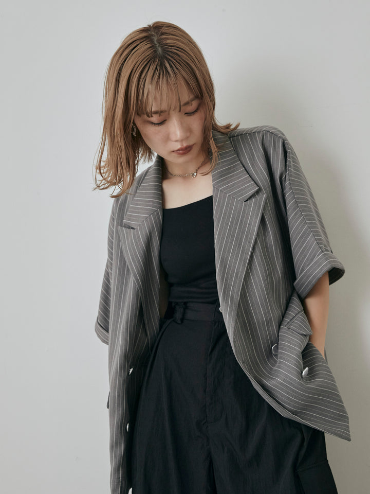 [予約]バックオーガンジーヘリンボーンストライプハーフジャケット/チャコール