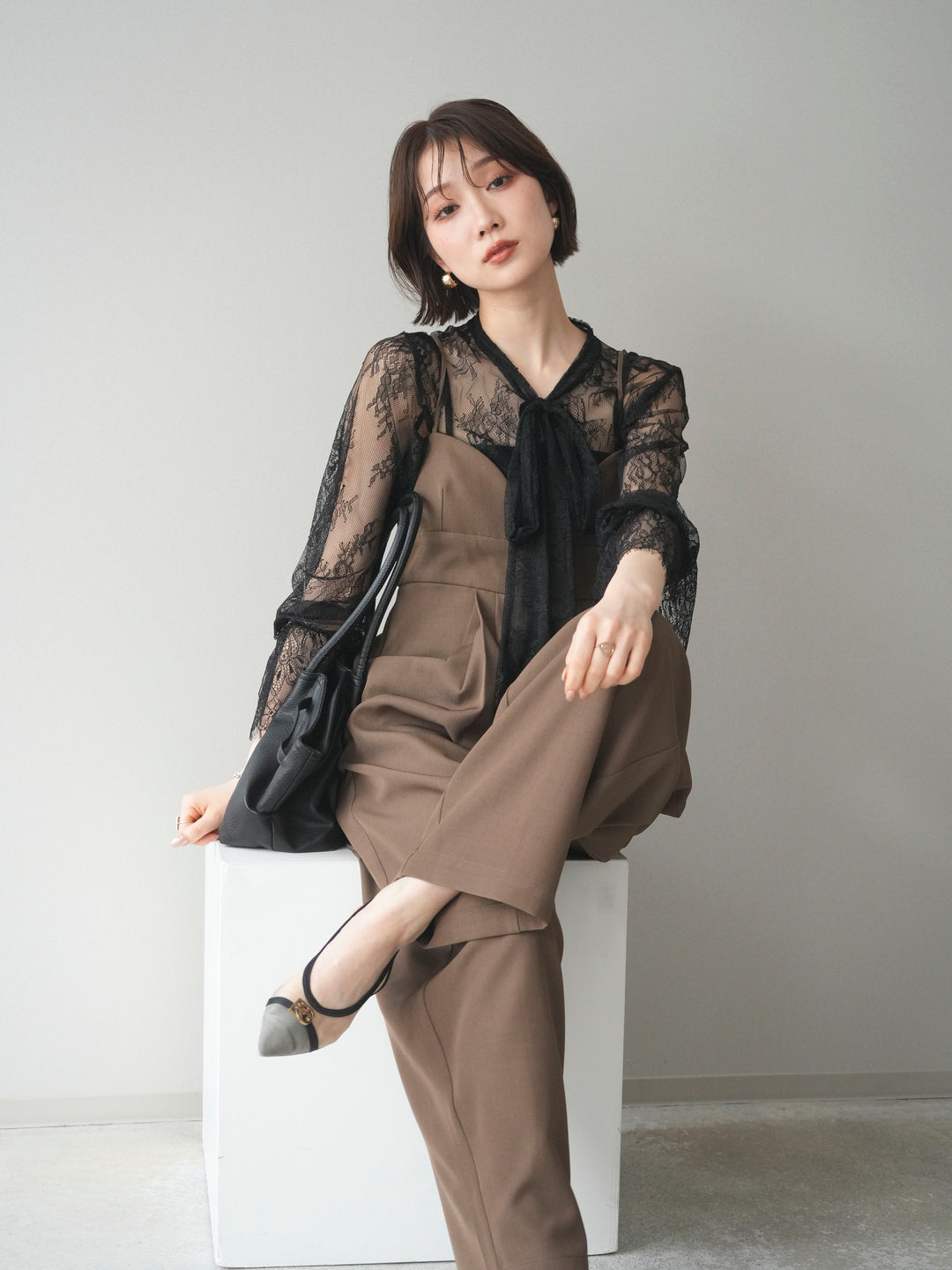 [SET]バックデザインサロペット+リバーレースボウタイトップス(2set)