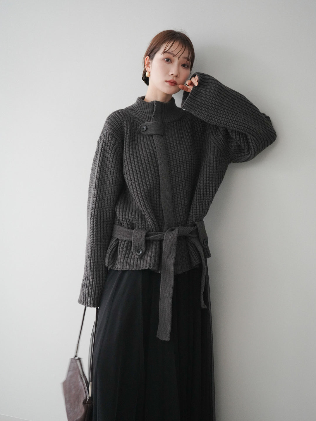 [SET]畦編みボトルネックZIPニットカーディガン+選べるアクセセット(2set)