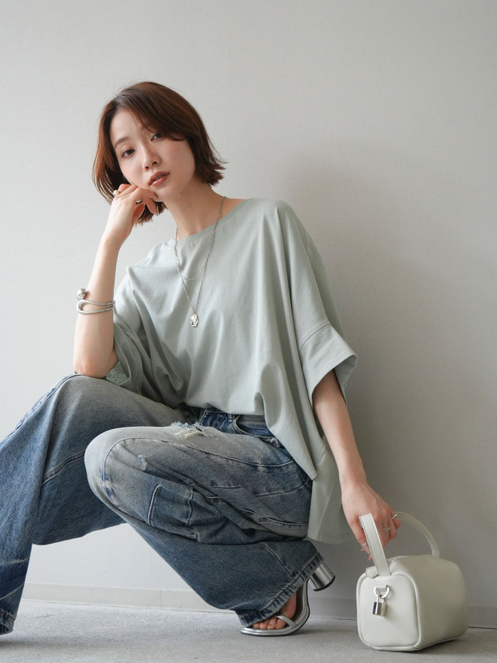 [SET]ドルマンワイドフレアトップス+ダメージカーブワイドデニムパンツ(2set)