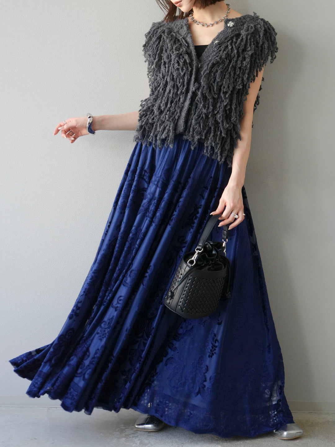 [予約]アンティーク柄フロッキーマキシスカート/ブルー