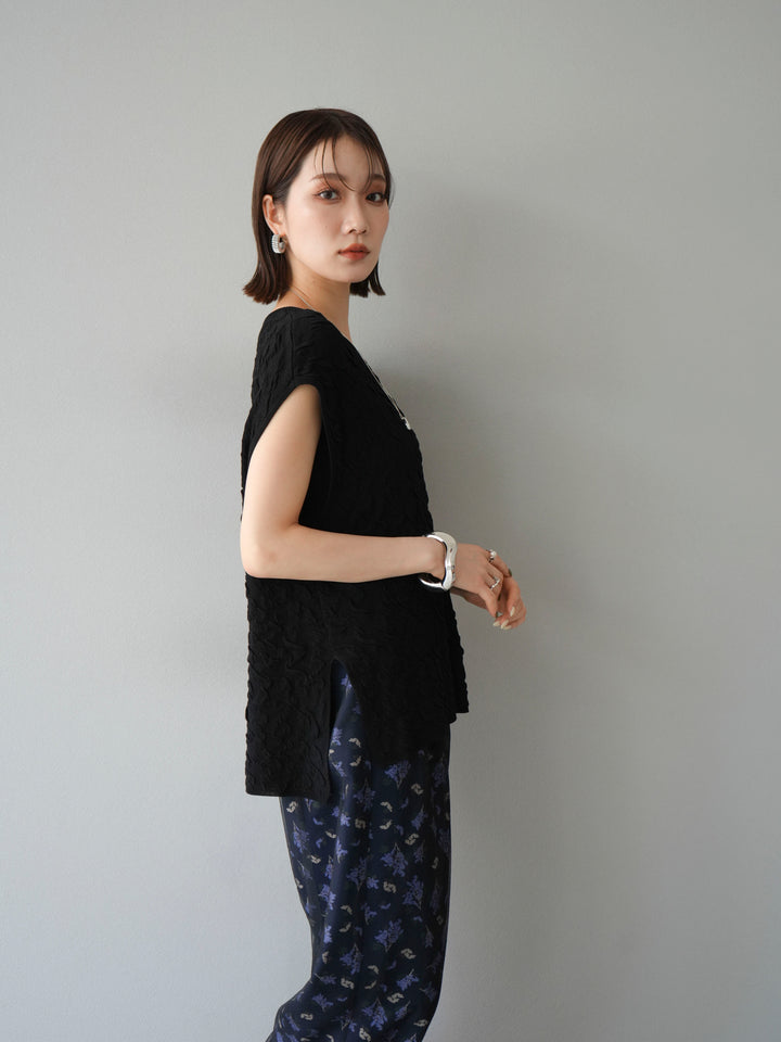 [SET]ポコポコノースリーブニットプルオーバー+コード刺繍チュールレイヤードパンツ(2set)