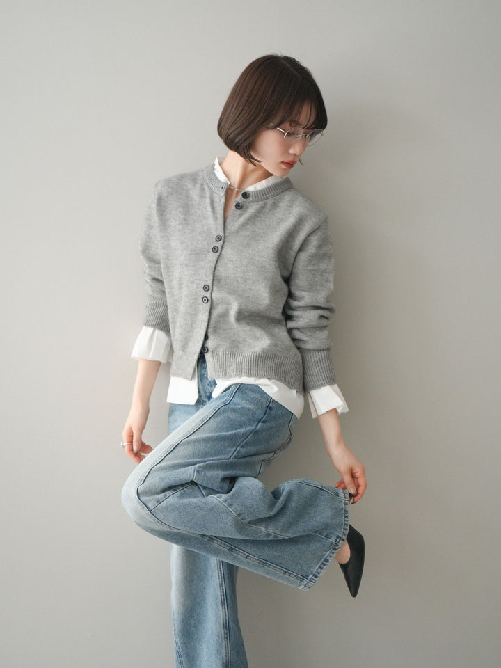 [SET]布帛ドッキングニットカーディガン+ガーメントウォッシュカーブデニムパンツ(2set)