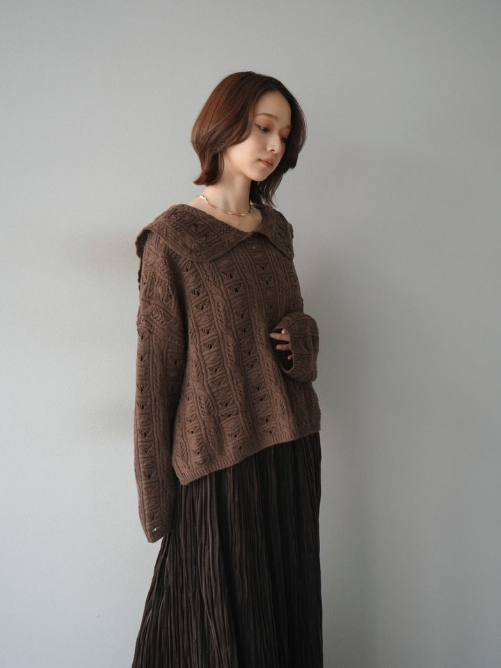 [予約]透かし編みセーラーニットプルオーバー/brown