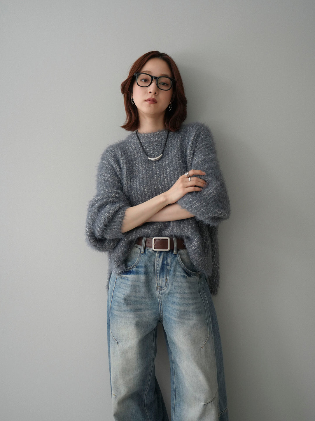 [SET]ボリュームスリーブシャギー MIXニットプルオーバー+ベルト付カーブデニムパンツ(2set)