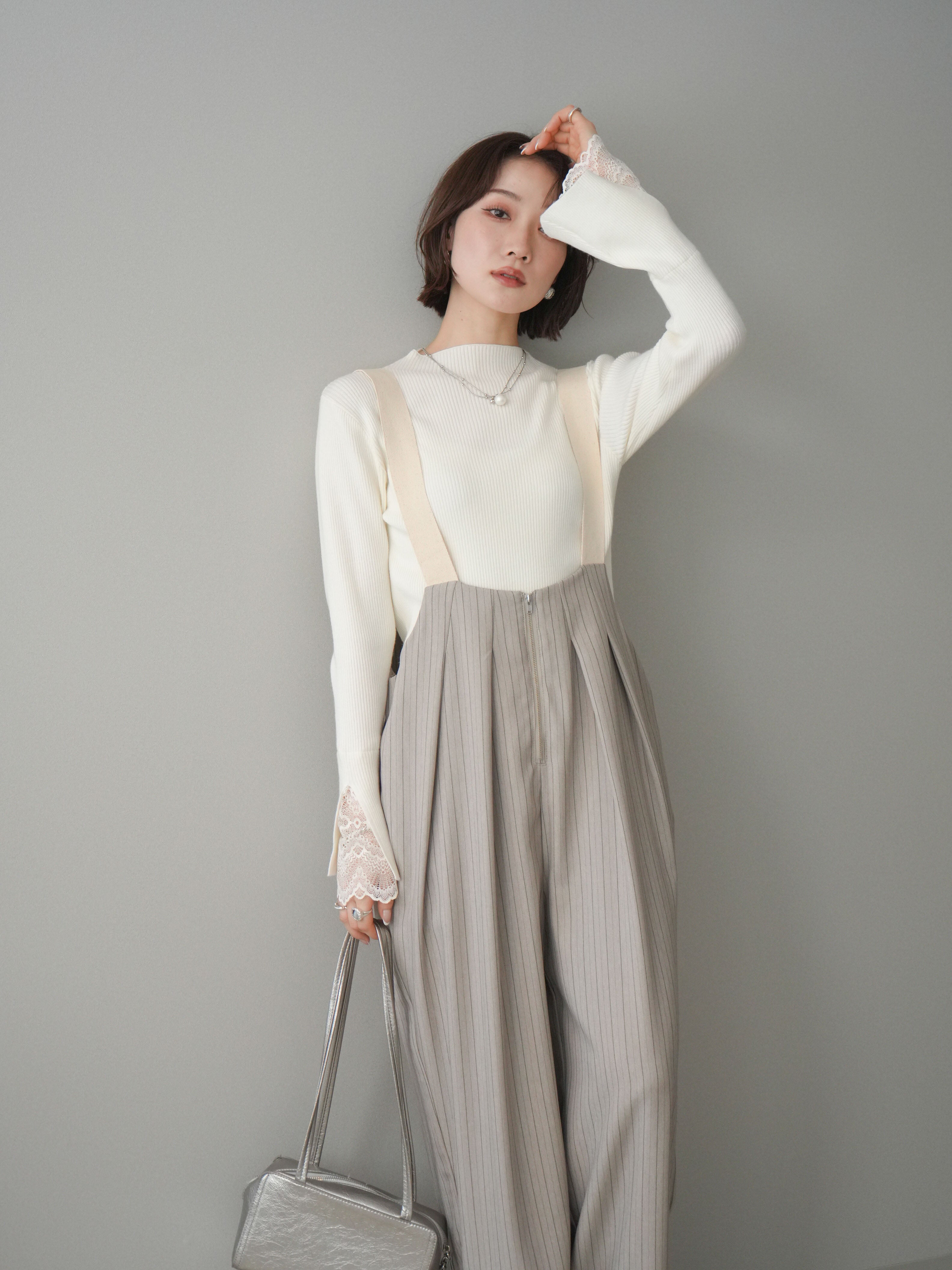 【2点セット】lumier デニムニットカーデ+裾レーススカート SET]コットンレースブラウス+フロントスリットデニムロングスカート