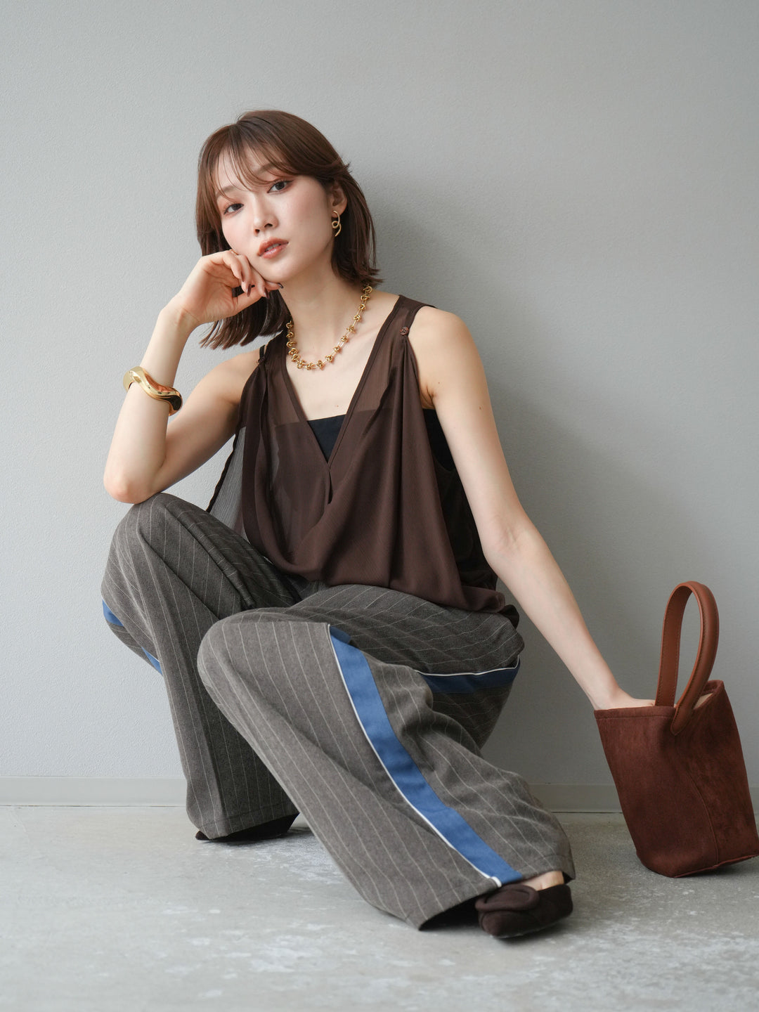 [予約]サイドラインストライプワイドパンツ/ブラウン