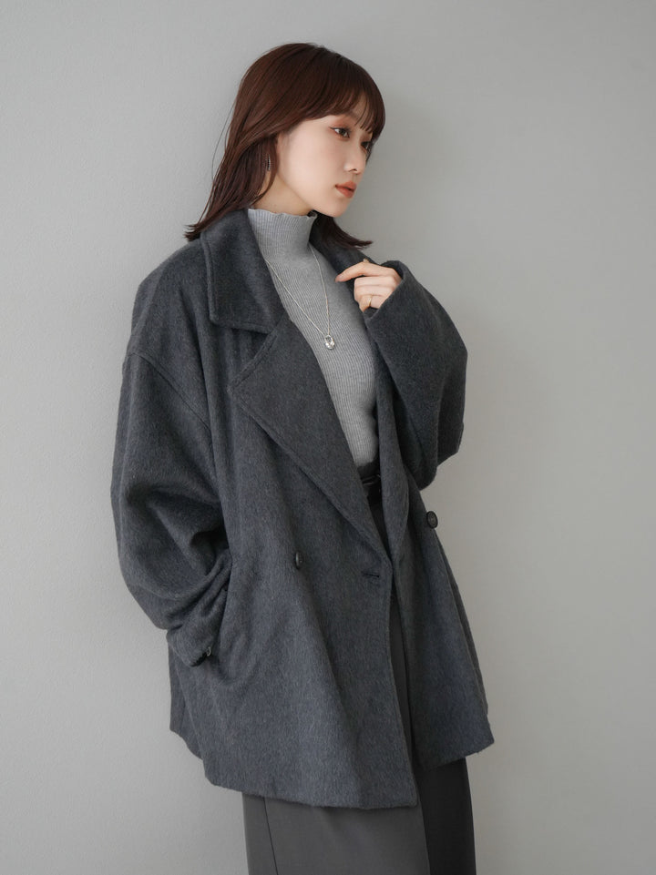 [SET]フェイクビーバーミドルコート+袖ボタンハイネックリブニットトップス+ベルト付ウールタッチワイドパンツL(3set)