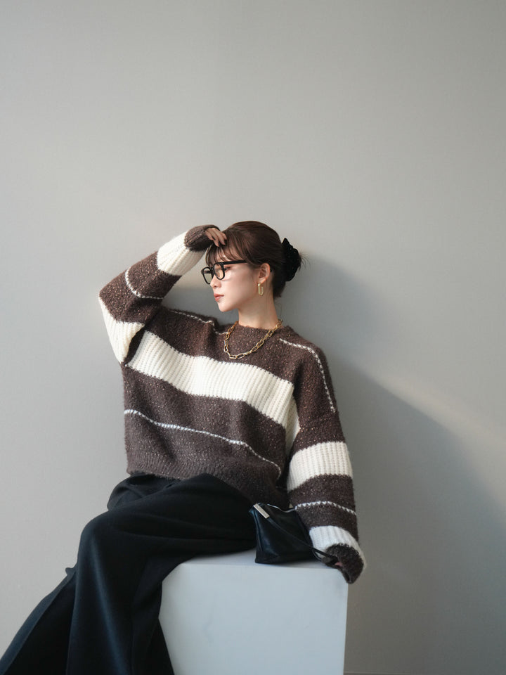 [予約]ネップヤーンボーダーニットプルオーバー/brown