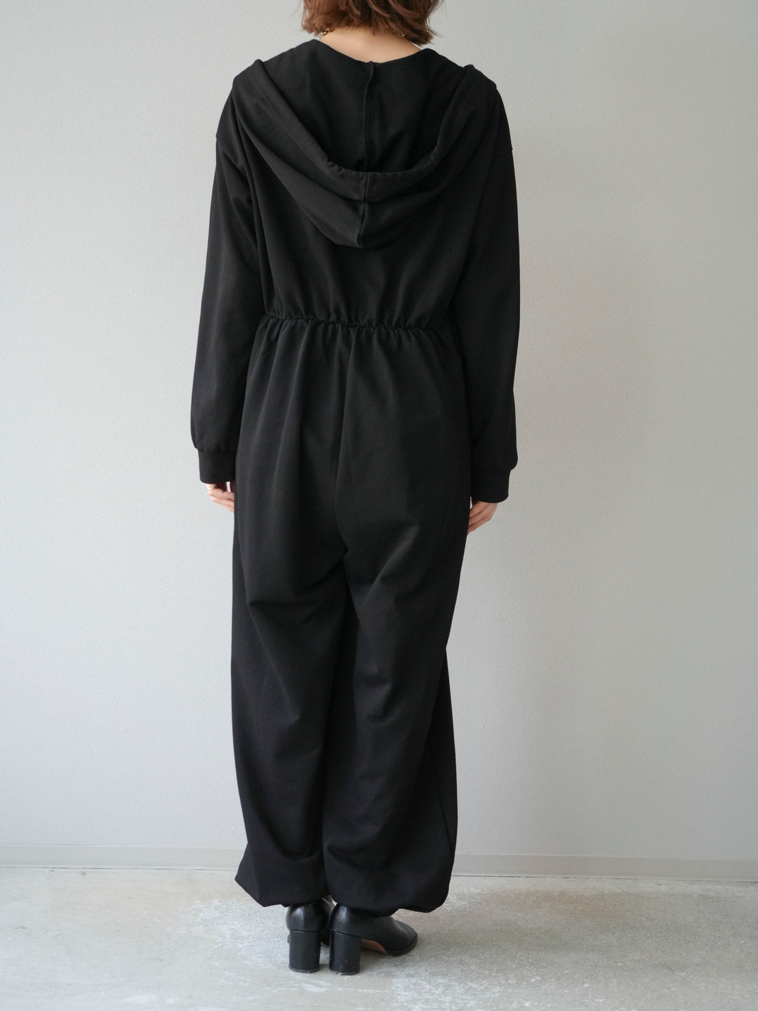 [予約]ミニ裏毛フーディージャンプスーツ/ブラック