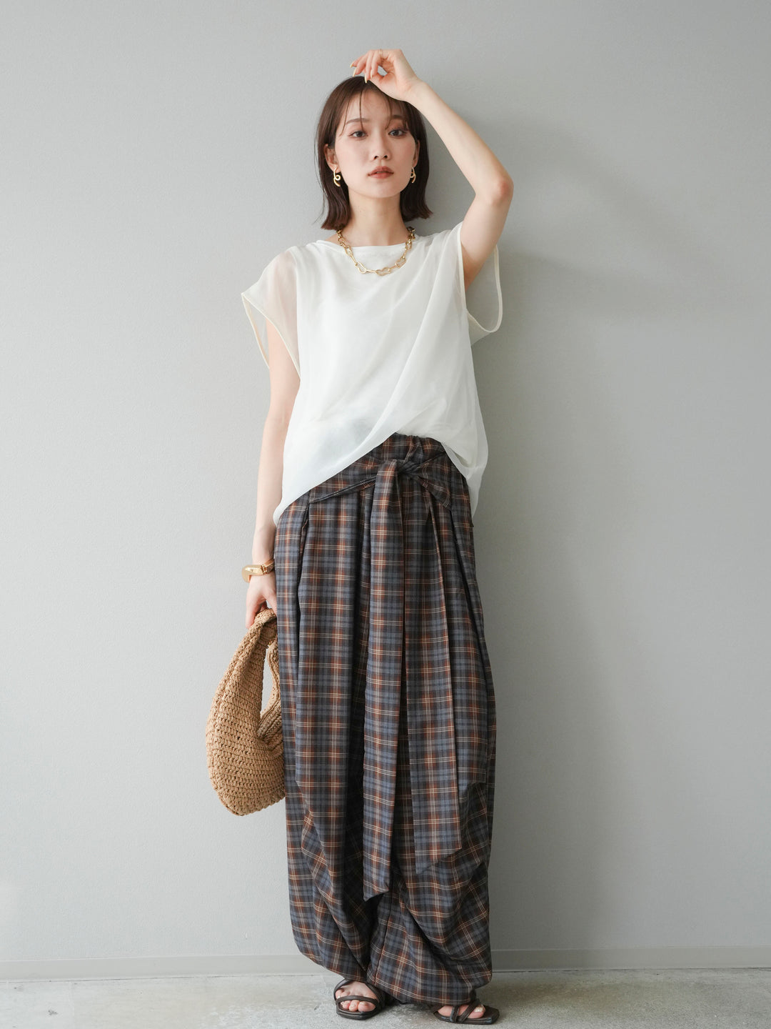 [予約]チェック柄ウエスト巻きドロストパンツ/ブラウン