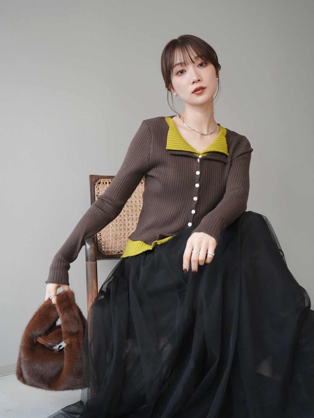 [予約]配色レイヤードリブニットカーディガン/brown