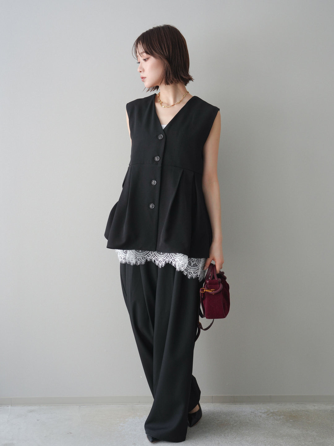 [予約]ウエストバイカラータックワイドパンツ/black