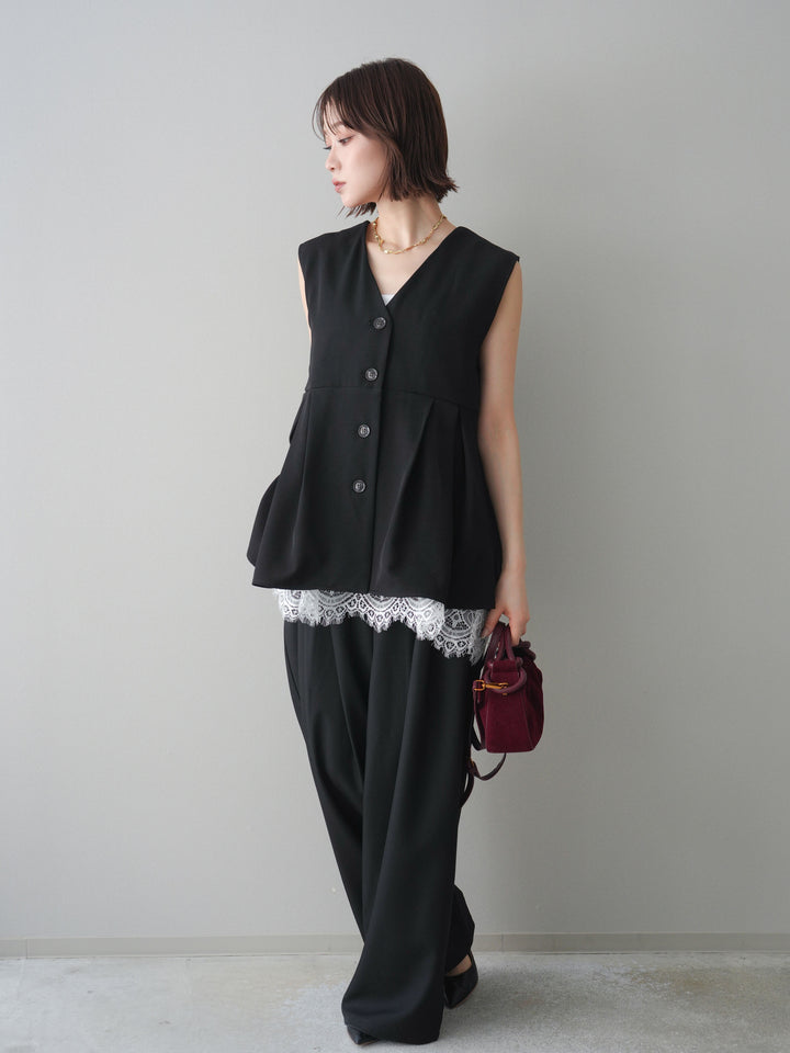 [予約]ウエストバイカラータックワイドパンツ/black