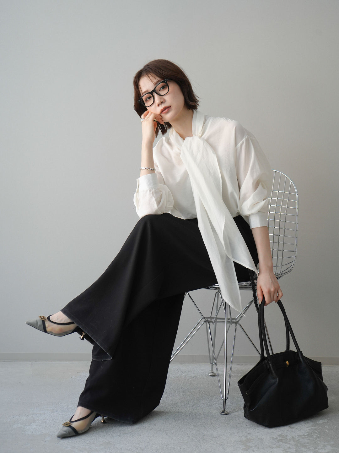 [SET]シアーボウタイブラウス+シアーボウタイブラウス(2set)