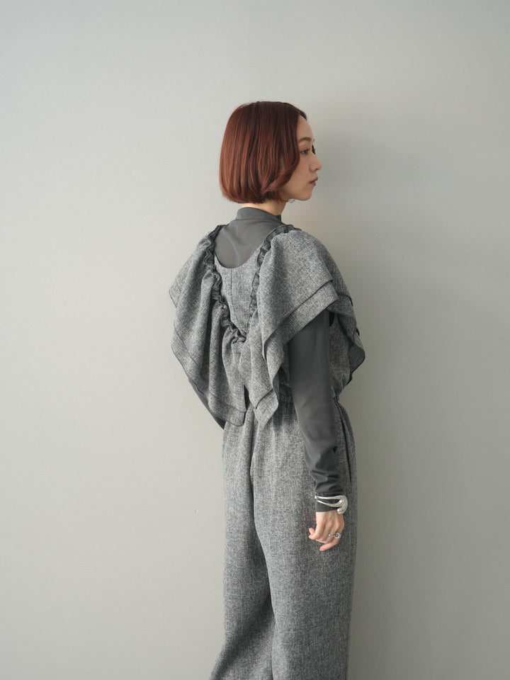 [SET]3WAYミックスツイードギャザーオールインワン+シアープチネックストレッチトップス(2set)