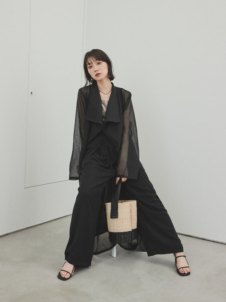 [SET] 方形天鵝絨背心 + 水洗緞層疊裙褲 + 透視長外套 (3 件套)