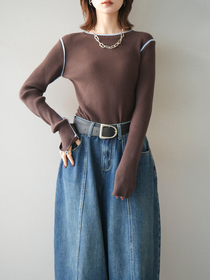 [予約]バイカラークルーネックリブニットトップス/brown