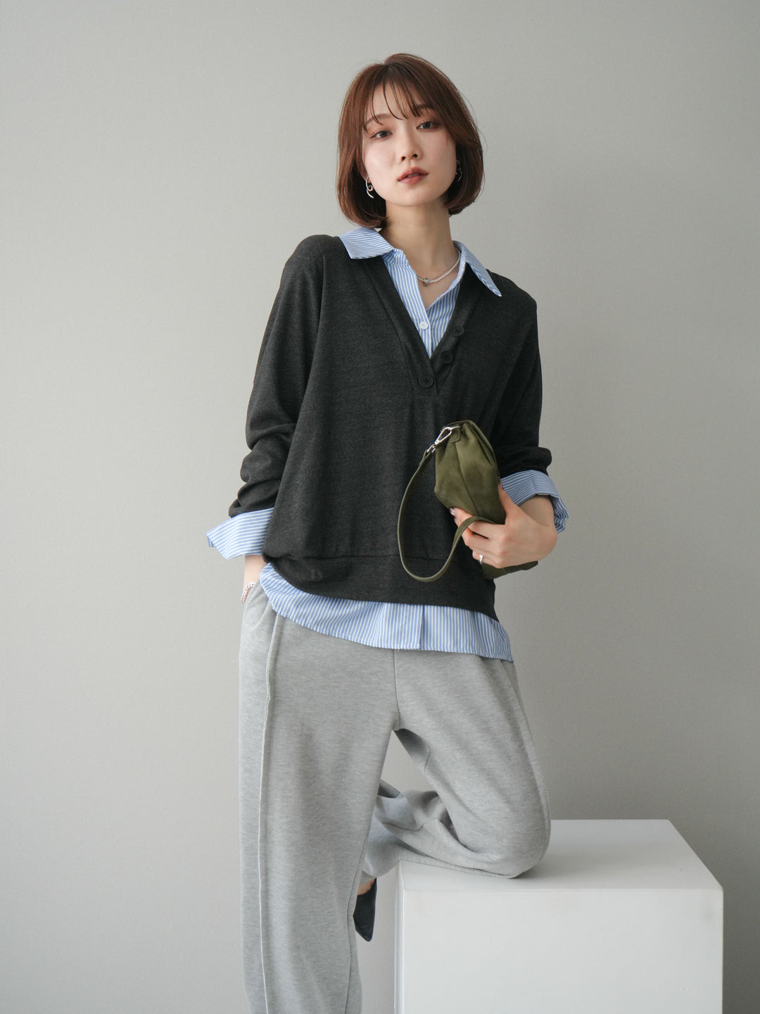 [予約]シャツレイヤードデザインカットプルオーバー/charcoal