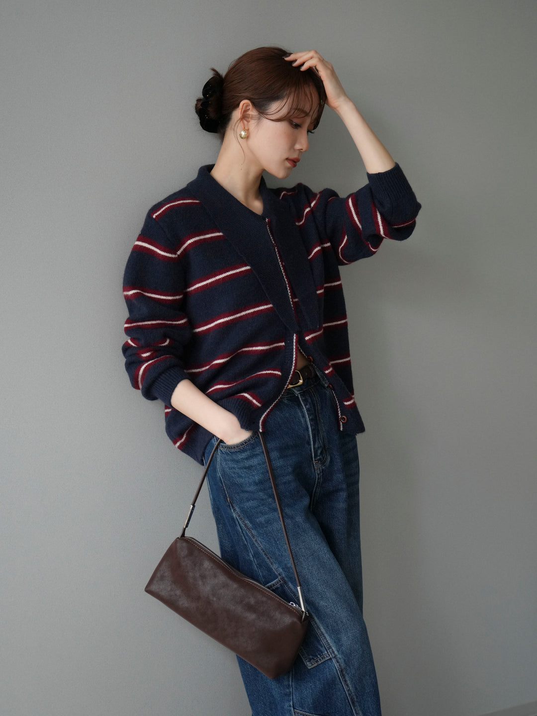 [予約]ボウタイボーダーニットカーディガン/navy