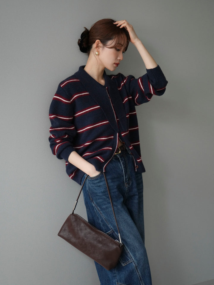 [予約]ボウタイボーダーニットカーディガン/navy