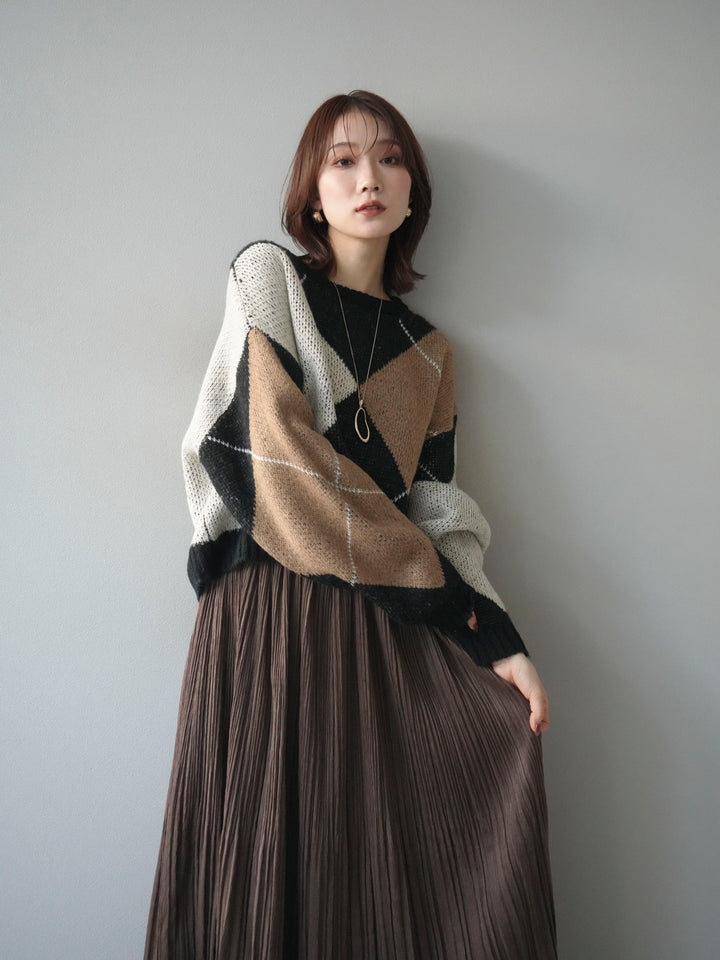 [SET]配色ステッチアーガイル柄ニットプルオーバー+選べるアクセセット(2set)