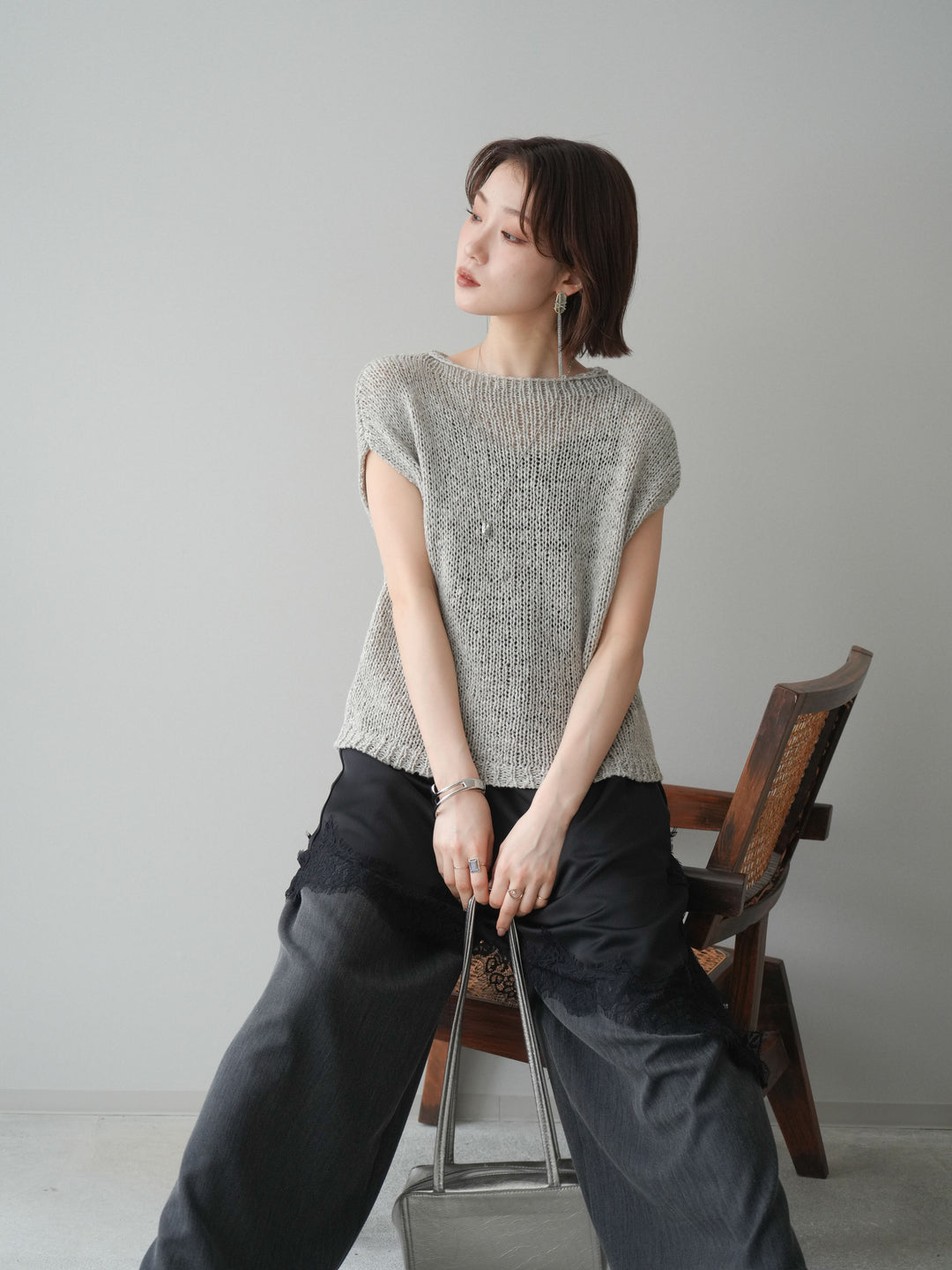 [予約]テープヤーンノースリーブニットトップス/gray