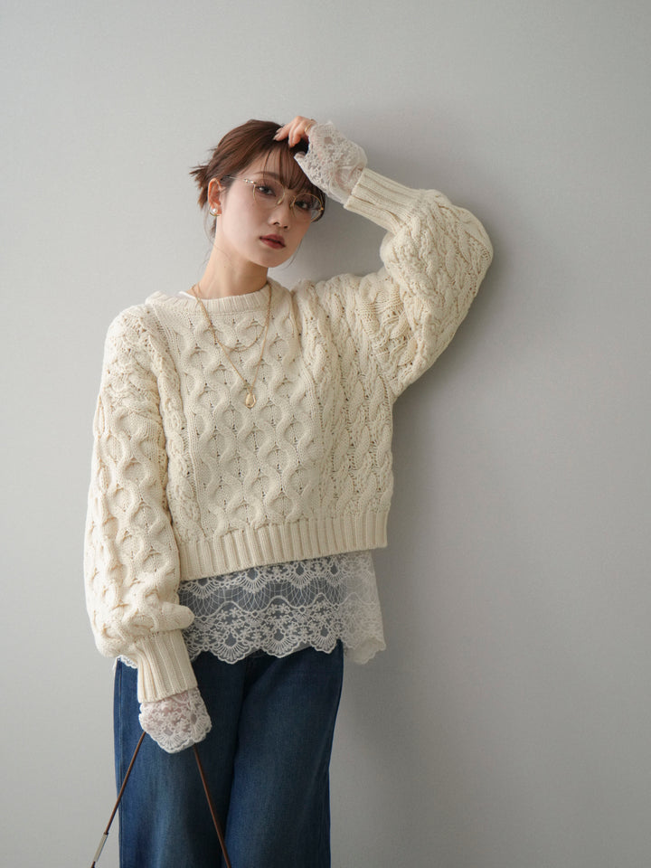 [SET]バルキーケーブルクロップドニットプルオーバー+裏起毛裾フリンジワイドデニムパンツ(2set)