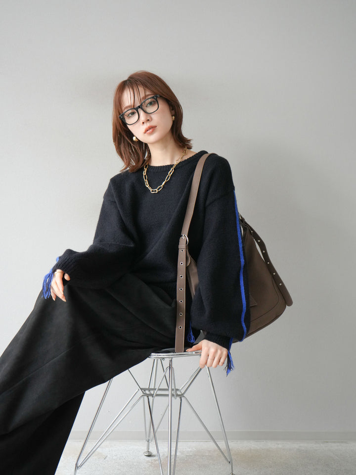 [SET]配色ステッチフリンジニットプルオーバー +スウェードタックワイドパンツ(2set)