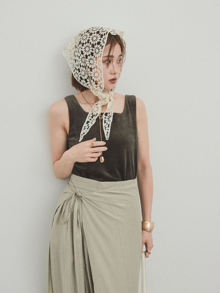 [SET]スクエアベロアタンクトップ+ワッシャーサテンレイヤードスカートパンツ(2set)