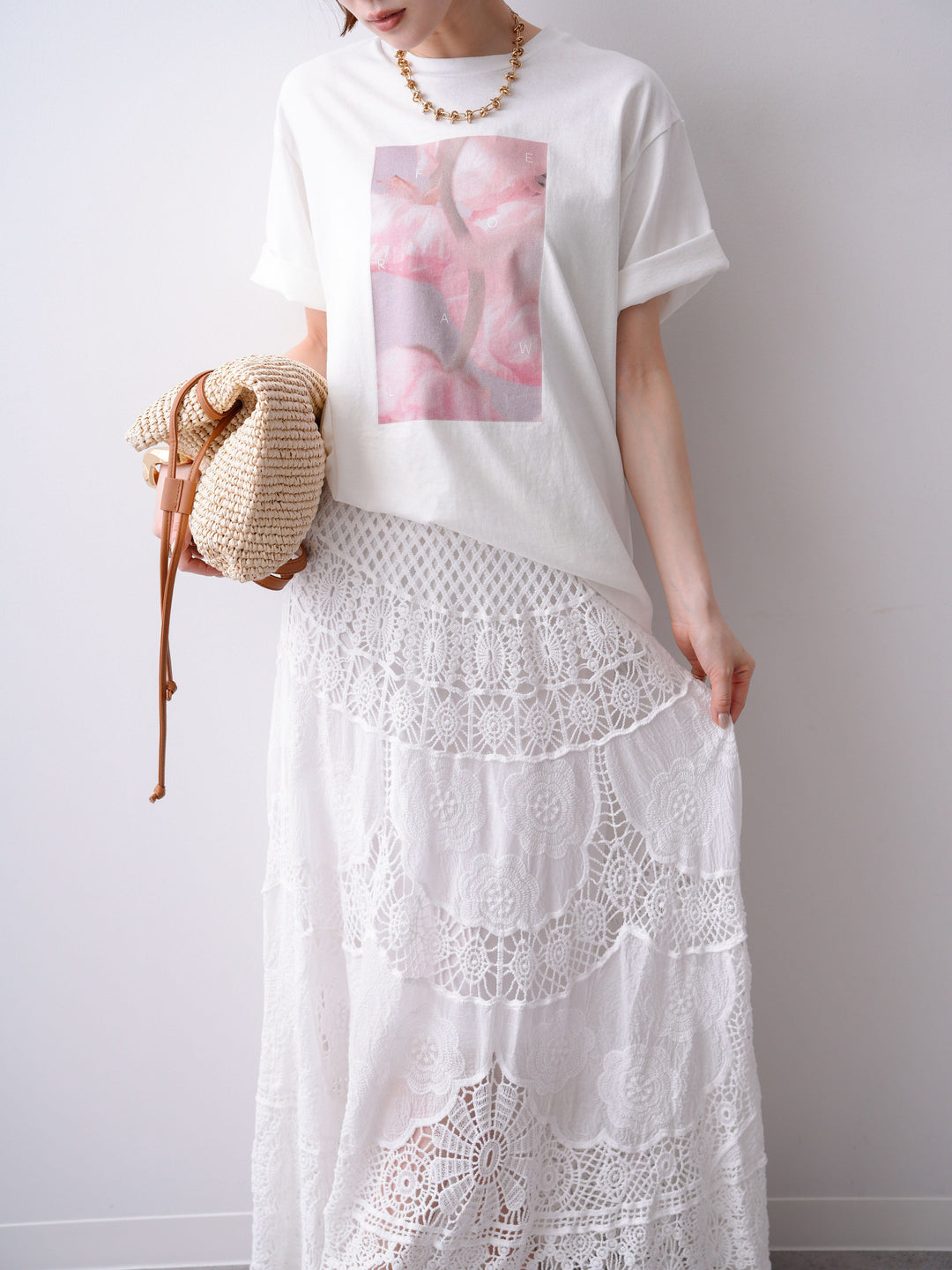 [SET]ニュアンスフローラルフォトTEE+クロシェマキシスカート(2set)