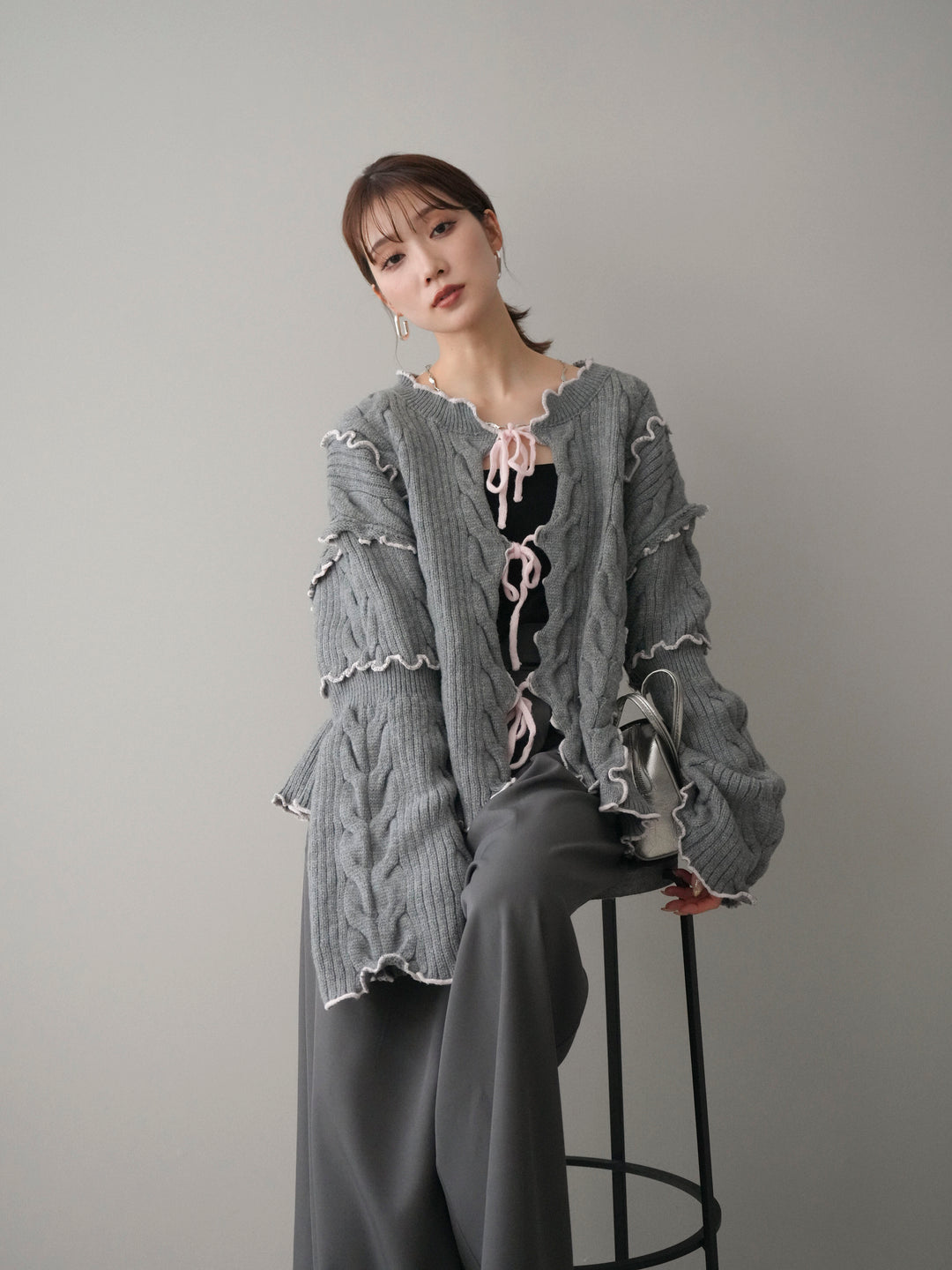 [予約]フロントリボン配色メローニットカーディガン/gray
