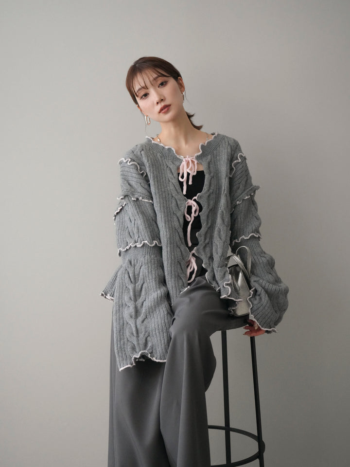 [予約]フロントリボン配色メローニットカーディガン/gray