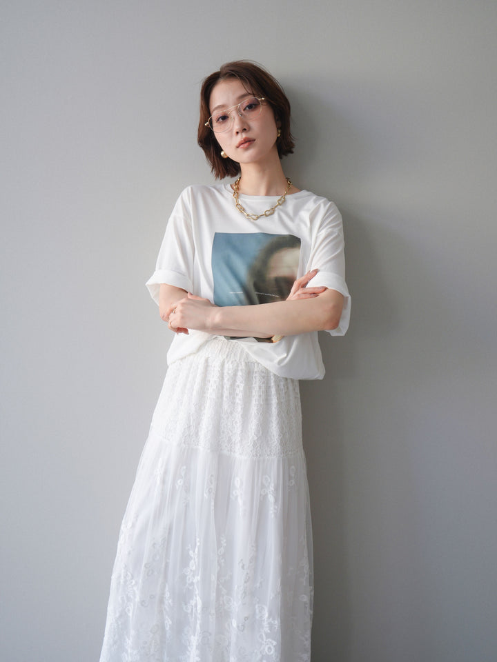 [SET]ブラーアートフォトTシャツ+シアーレースマキシスカート(2set)