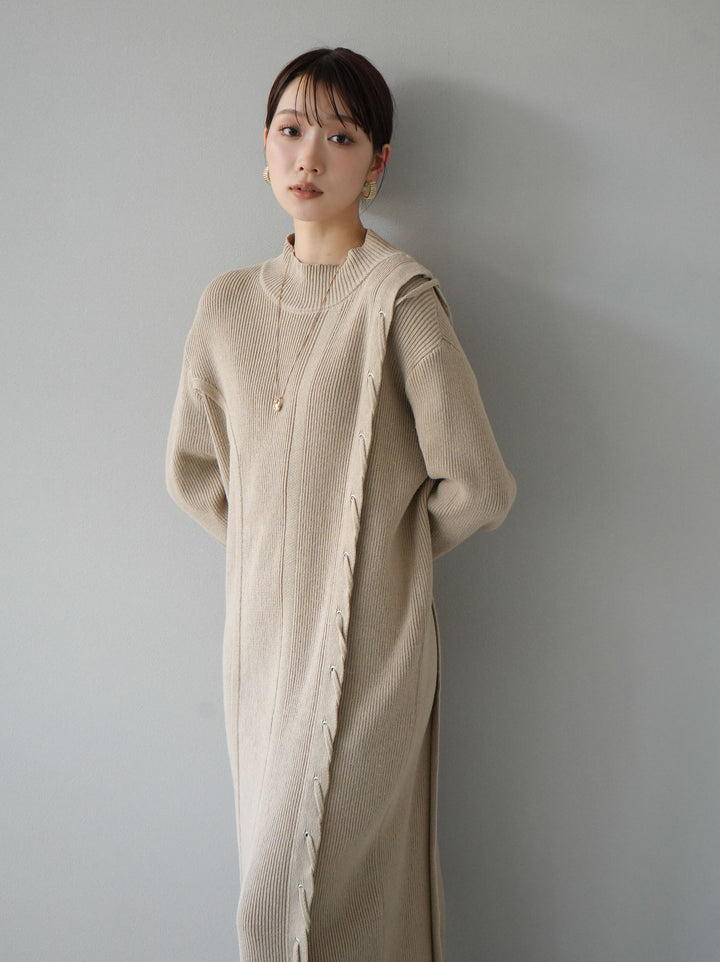 [SET] 不對稱繫帶高領針織連身裙 + 可選飾品套裝 (2套)