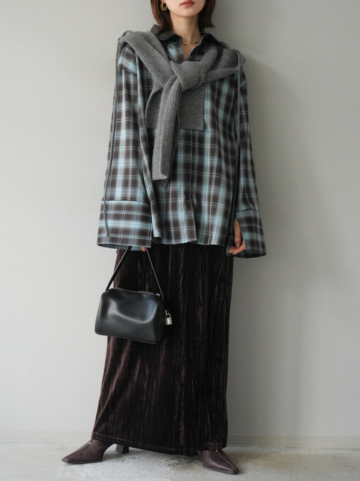 [SET]レザー襟オンブレチェックオーバーシャツ +クラッシュベロアナロースカート(2set)