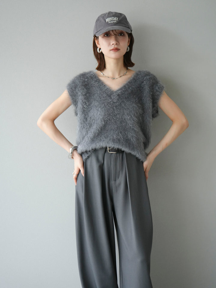 [SET]ラメシャギーVネックニットベスト+ベルトループデザインワイドパンツ(2set)