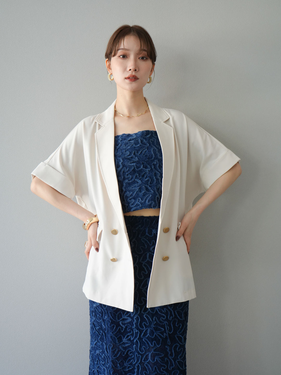 [予約]ゴールドボタンハーフジャケット/アイボリー