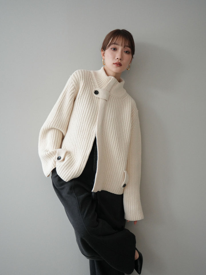 [SET]畦編みボトルネックZIPニットカーディガン+ベルト付裏起毛センターシームカーブパンツ(2set)