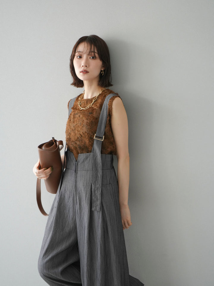 [SET]ストリングデザインハイウエストサロペット+ニュアンスフリンジジャガードノースリーブブラウス(2set)