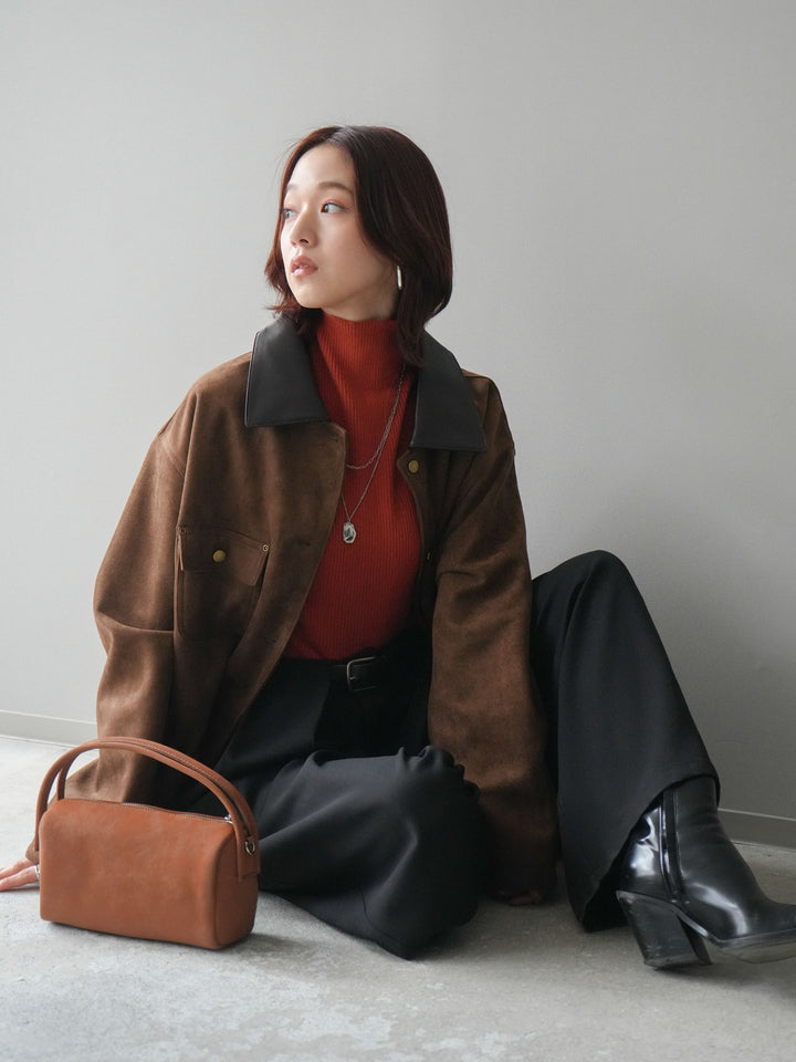 [SET]襟レザーステンカラースエードジャケット+袖ボタンボトルネックリブニットトップス+ベルトループデザインワイドパンツ(3set)