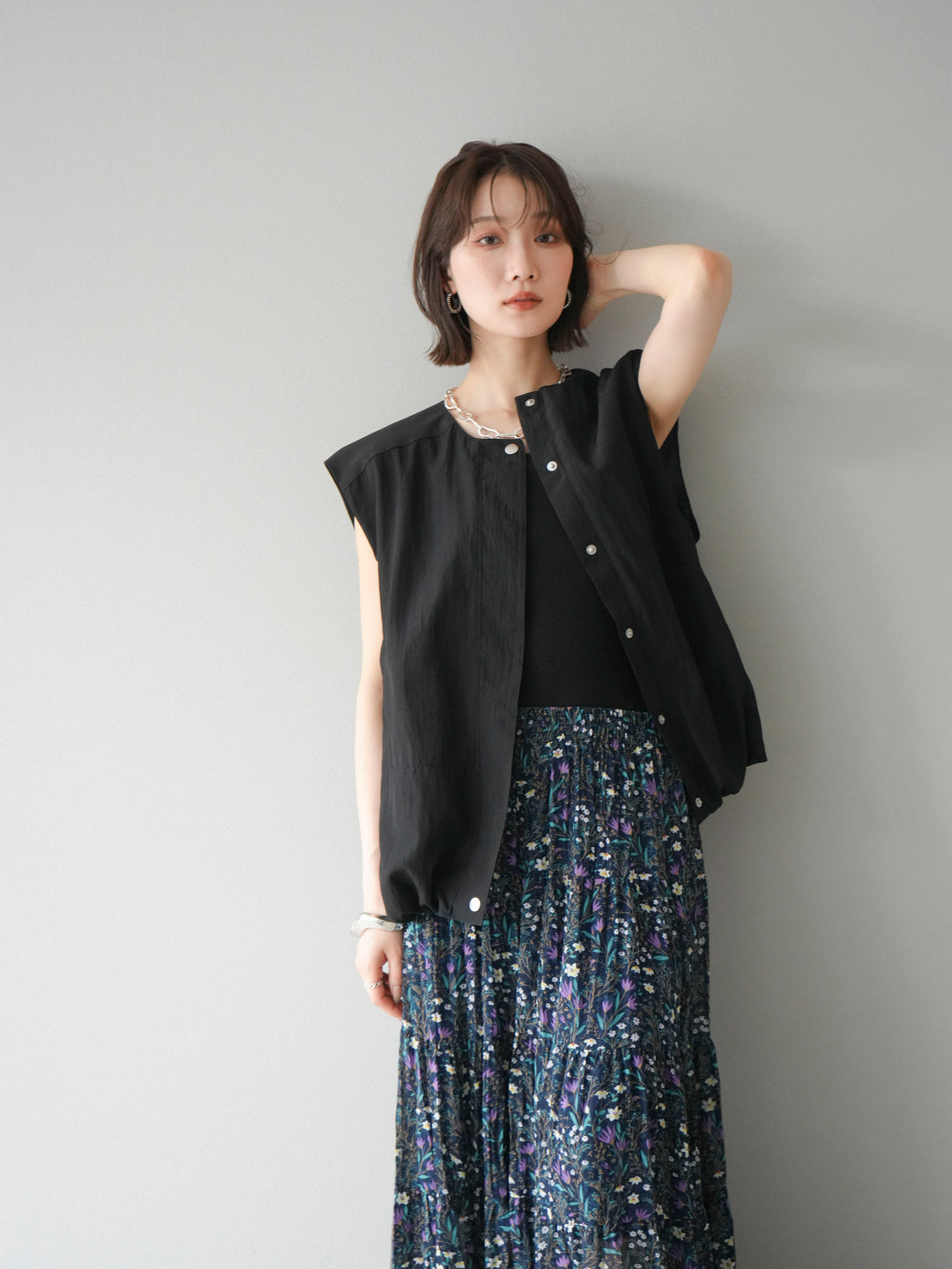 [SET]リネンライクドロストバルーンブルゾン+フラワーワッシャープリーツスカート(2set)