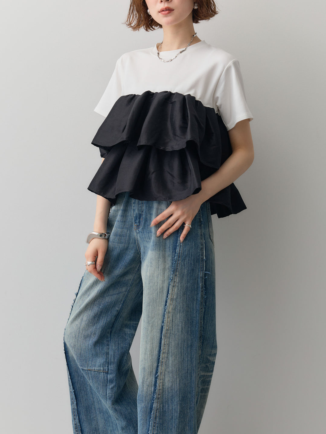 [SET]フリルティアードTEE+縦ウォッシュワイドデニムパンツ(2set)