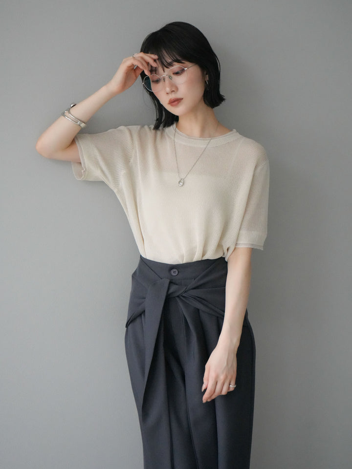 [SET]リネンタッチ配色二重臼ハーフニットトップス+ウエスト巻きデザインワイドパンツ(2set)