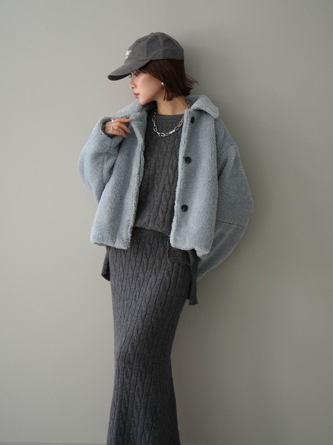 [SET]エコファーステンカラージャケット+ストール付ケーブルニットプルオーバー&ロングスカートSET UP(2set)