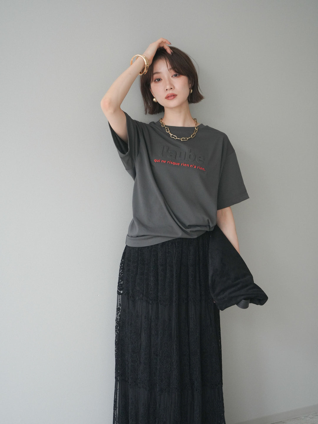 [SET]エンボスロゴTEE+裏プリーツ総レースロングスカート(2set)